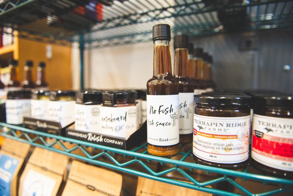 Shelves of sauces and preserves from Canadian producers